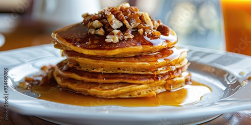 Homemade pumpkin pancakes on a pristine white plate