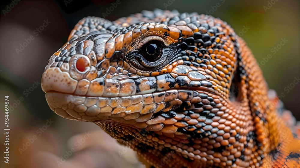 Fototapeta premium Amazon Tegu Lizard head, its eyes and scales detailed with a blurred background