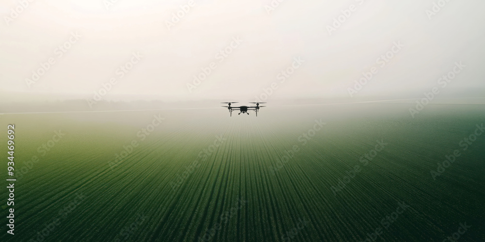 Drone Flying Over Green Agricultural Field in Misty Morning Drone Flying Over Green Agricultural Field in Misty Morning