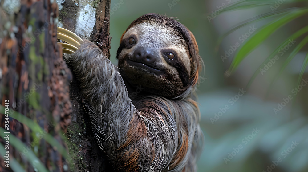 Amazon Three-toed Sloth climbing a tree, its slow movements captured Amazon Three-toed Sloth climbing a tree, its slow movements captured