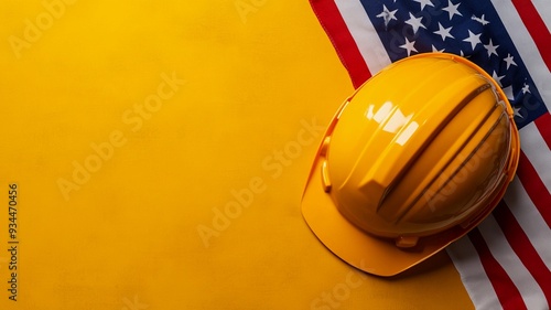 Realistic image of American flag with construction helmet on yellow background, symbolizing labor day with copy space for text