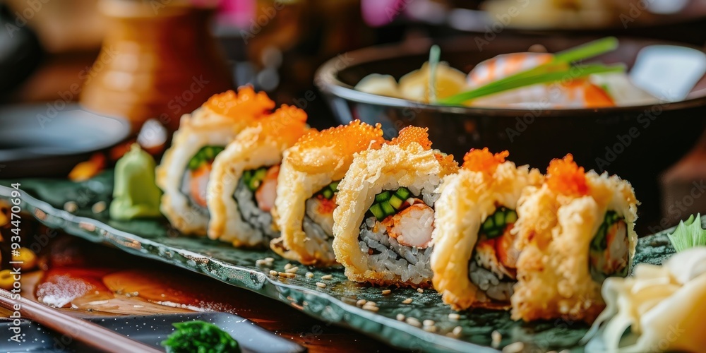 Crispy Battered Shrimp Tempura Roll with Ginger and Wasabi Crispy Battered Shrimp Tempura Roll with Ginger and Wasabi