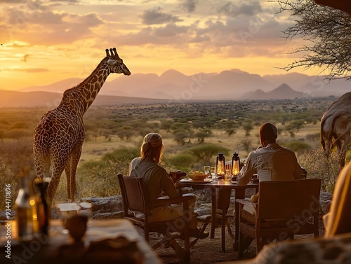 Sunset Safari Expedition in Untamed Wilderness with Majestic Giraffe and Enchanting Mountain Vistas photo