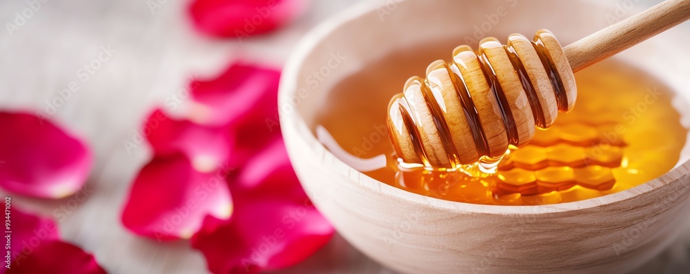A close-up view of honey in a bowl with a wooden dipper surrounded by rose petals, symbolizing luxury and natural sweetness. A close-up view of honey in a bowl with a wooden dipper surrounded by rose petals, symbolizing luxury and natural sweetness.