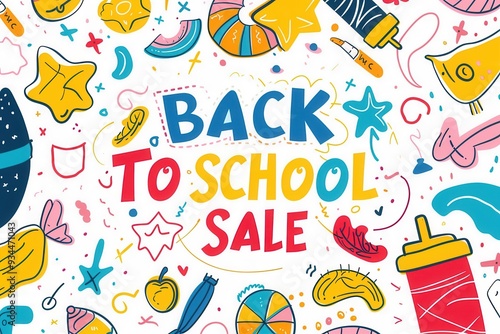 Modern flat illustration doodles and stationary supplies collage of back to school sales banner with text quote 
