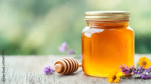 A jar of golden honey sits on a rustic wooden table, surrounded by fresh flowers, capturing the essence of nature's sweetness.