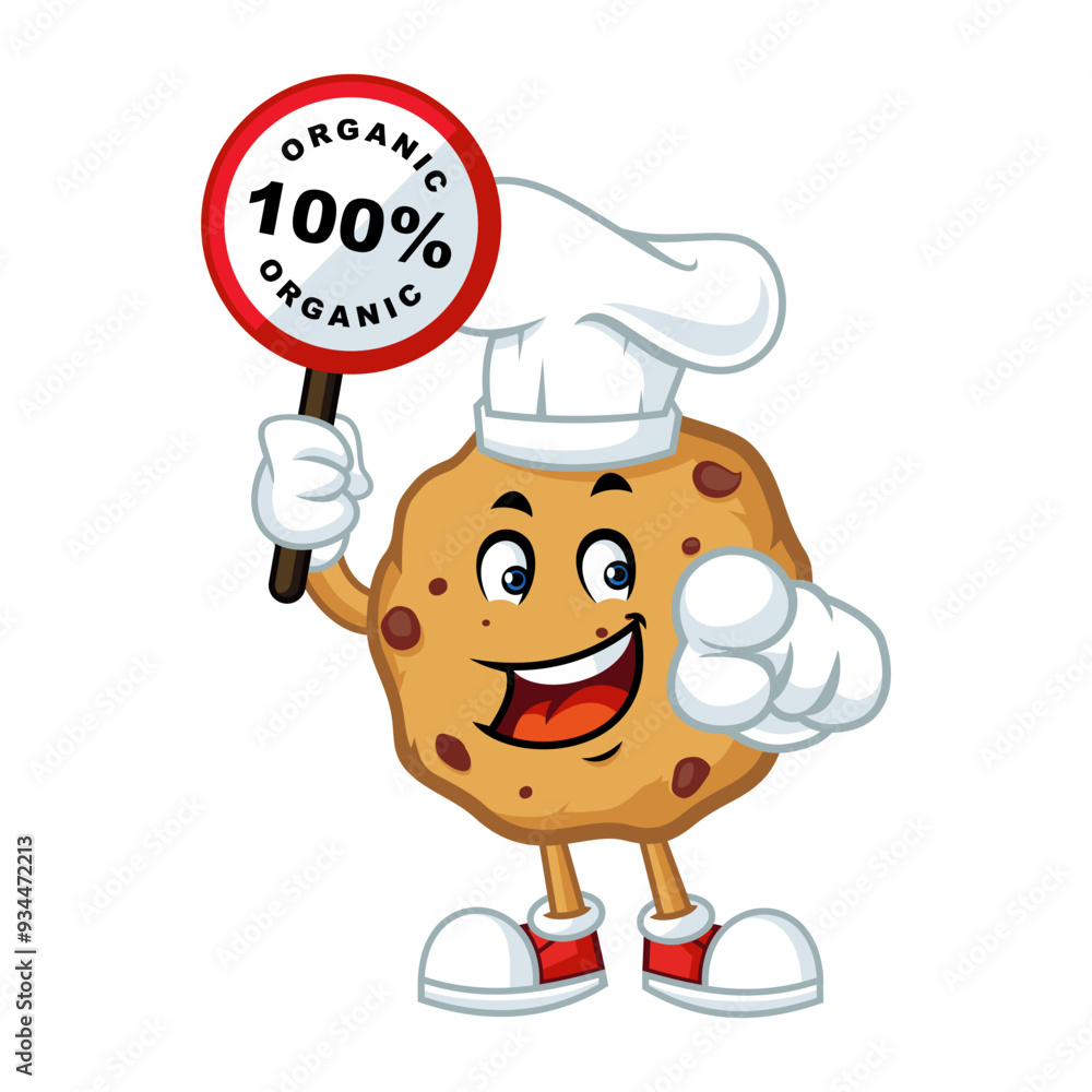 Happy cartoon cookie chef holding a 100% organic sign promoting healthy food choices. Happy cartoon cookie chef holding a 100% organic sign promoting healthy food choices.