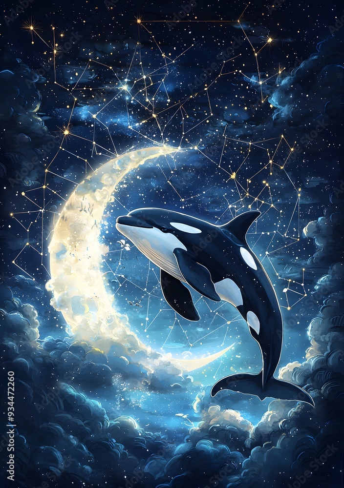 Fototapeta premium Orca Under a Crescent Moon.