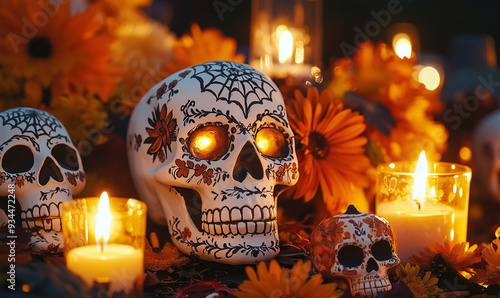 A vibrant Day of the Dead altar featuring intricately decorated sugar skulls with glowing eyes, surrounded by marigolds and candles. Captured during a nighttime celebration