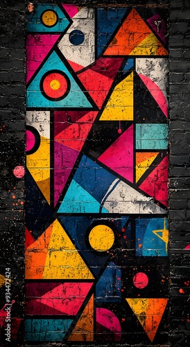 Abstract geometric graffiti on brick wall.