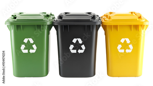 Collection of three recycling bins in different colors (black, green and yellow) isolated on a white background