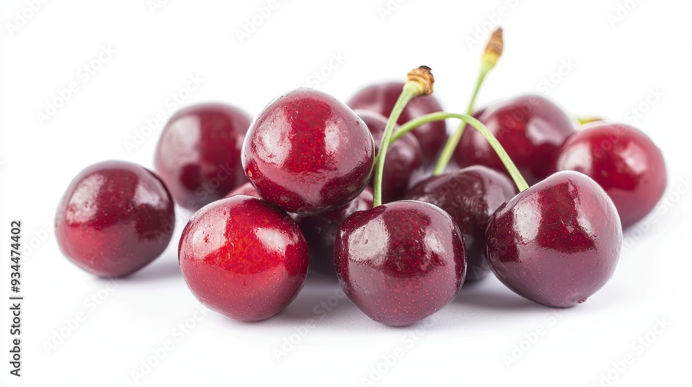 Fresh, Ripe Cherries Arranged on Clean White Background Showcasing Their Vibrant Color and Texture Fresh, Ripe Cherries Arranged on Clean White Background Showcasing Their Vibrant Color and Texture