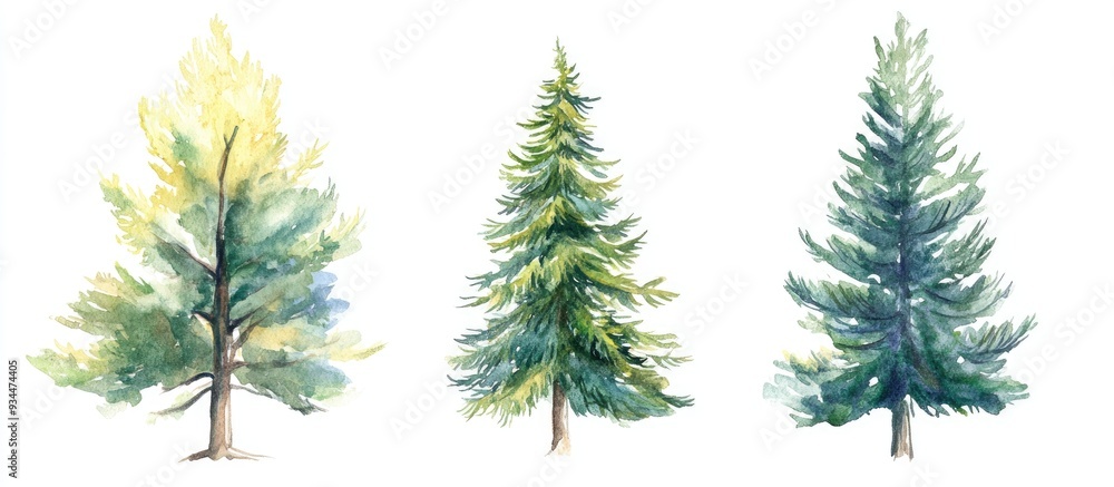 Watercolor illustration of a fir pine and cedar tree on a white background Watercolor illustration of a fir pine and cedar tree on a white background