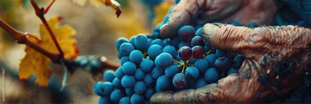 Fototapeta premium Close-up of a man gathering red wine grapes in a vineyard, with blue grapes being collected during the harvest in a grape-producing area.
