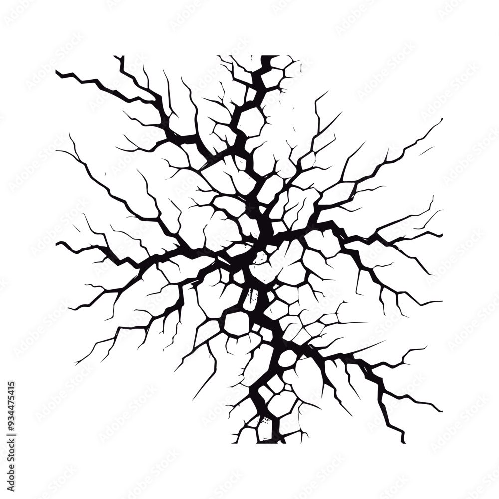 Obraz premium Fissures in the ground, fractures in the wall, or split lines in the concrete. Vector fracture pattern on a background of a wall. White background. 