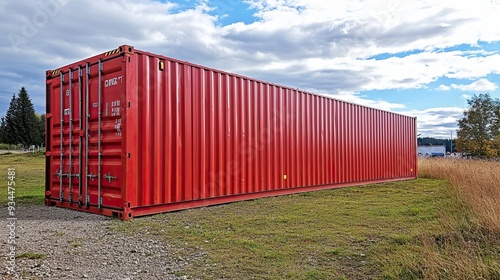 Red Shipping Container Placed on a Grassy Field Under a Cloudy Sky With Trees in the Background photo