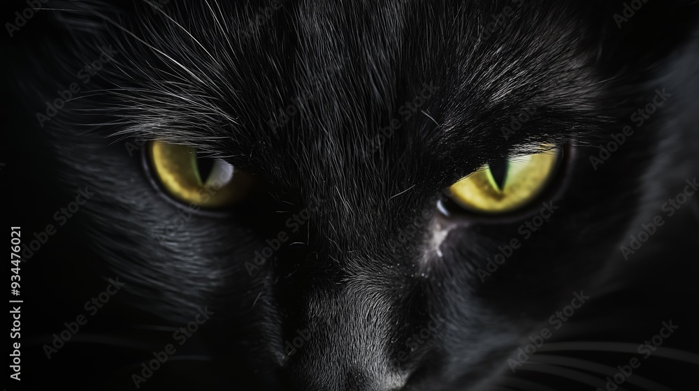 Captivating black cat with intense yellow eyes stares directly at you, creating a mysterious atmosphere against a dark background Captivating black cat with intense yellow eyes stares directly at you, creating a mysterious atmosphere against a dark background