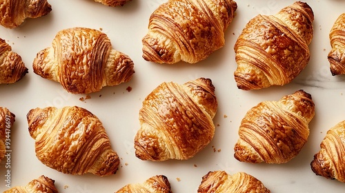 Freshly Baked Golden Brown Croissants Arranged on a Light Surface, Their Flaky and Layered Texture