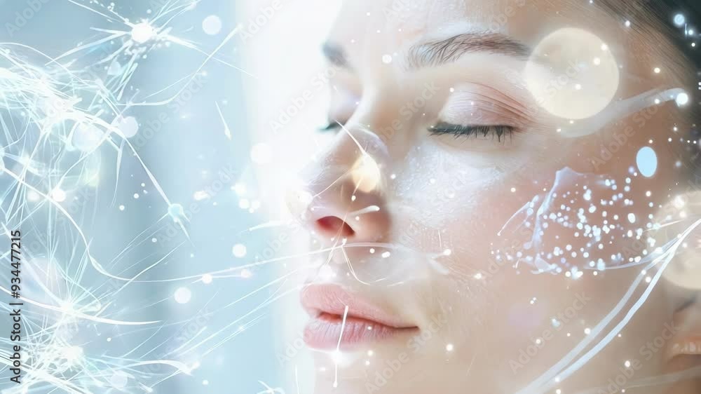 Woman with cream on her face is enjoying the refreshing feeling of a cold beauty treatment, combined with a technological and futuristic digital effect