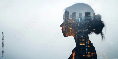 Double Exposure Portrait of Woman with Cityscape Silhouette photo