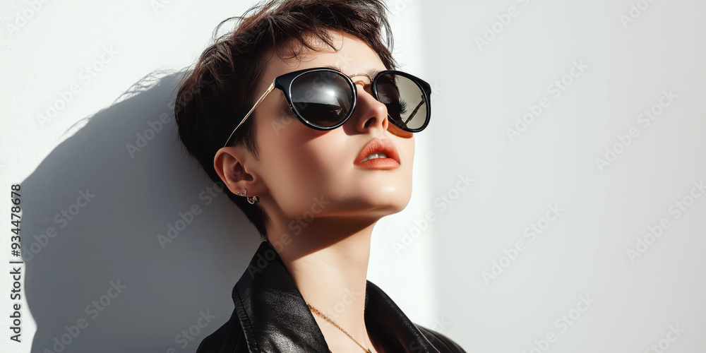 Stylish Woman with Short Hair Wearing Sunglasses and Leather Jacket Posing Against a White Background Stylish Woman with Short Hair Wearing Sunglasses and Leather Jacket Posing Against a White Background