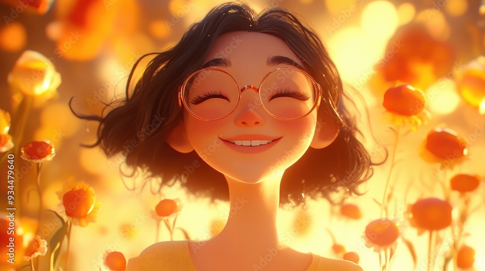 Cheerful female character giggling joyfully on warm toned backdrop in a lively 3D environment engaging with the viewer Cheerful female character giggling joyfully on warm toned backdrop in a lively 3D environment engaging with the viewer