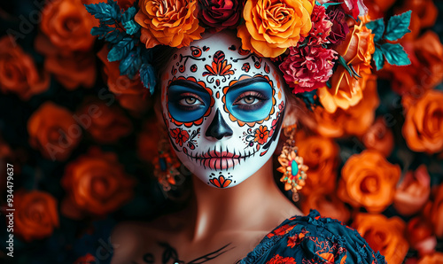 A captivating image of a woman adorned with intricate sugar skull makeup and a vibrant floral crown, celebrating Day of the Dead. The backdrop is filled with orange roses