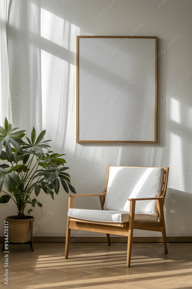 A wooden frame containing a minimalistic cinematic modern poster in a well-furnished room AI generated illustration A wooden frame containing a minimalistic cinematic modern poster in a well-furnished room AI generated illustration