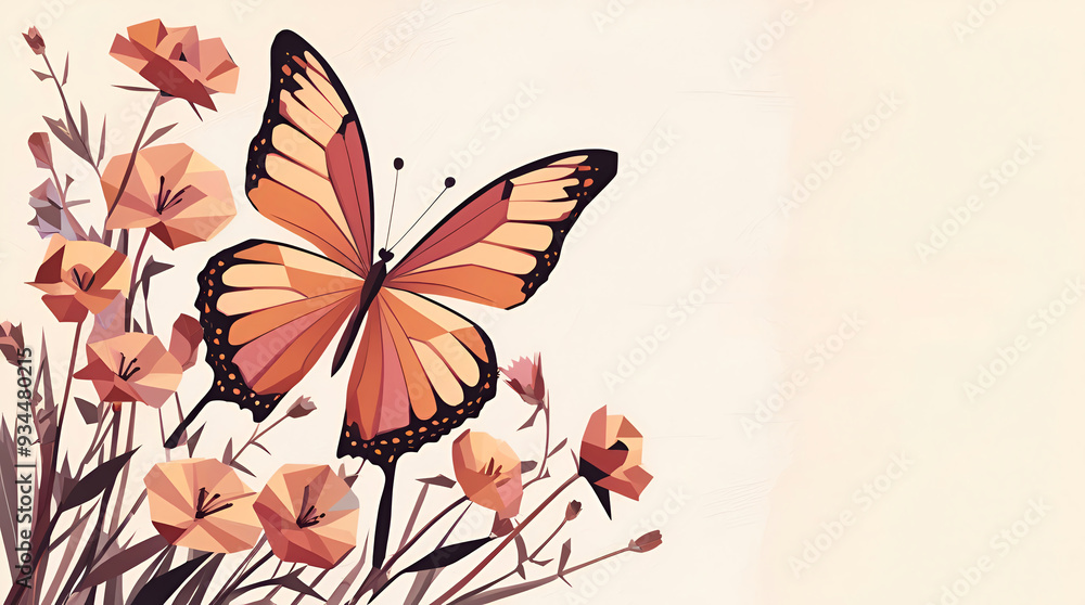 Orange Butterfly Illustration with Flowers Orange Butterfly Illustration with Flowers