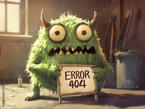 A cute, fluffy, funny and green monster holding an error 404 sign in a cluttered workshop during daylight. Painted illustration. .