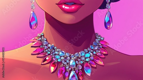 Close up of a stylish cartoon woman flaunting a dazzling oversized necklace Handmade jewelry and accessories in a vibrant design