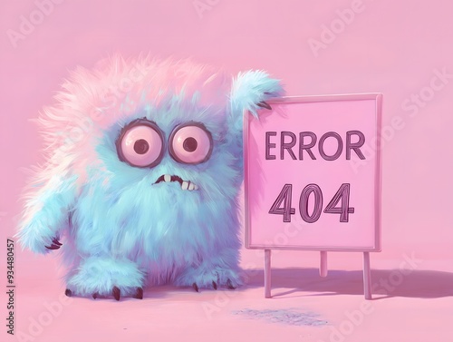monster holding an error 404 sign against a pastel pink background, representing a playful take on internet errors in a whimsical style. Painted illustration.