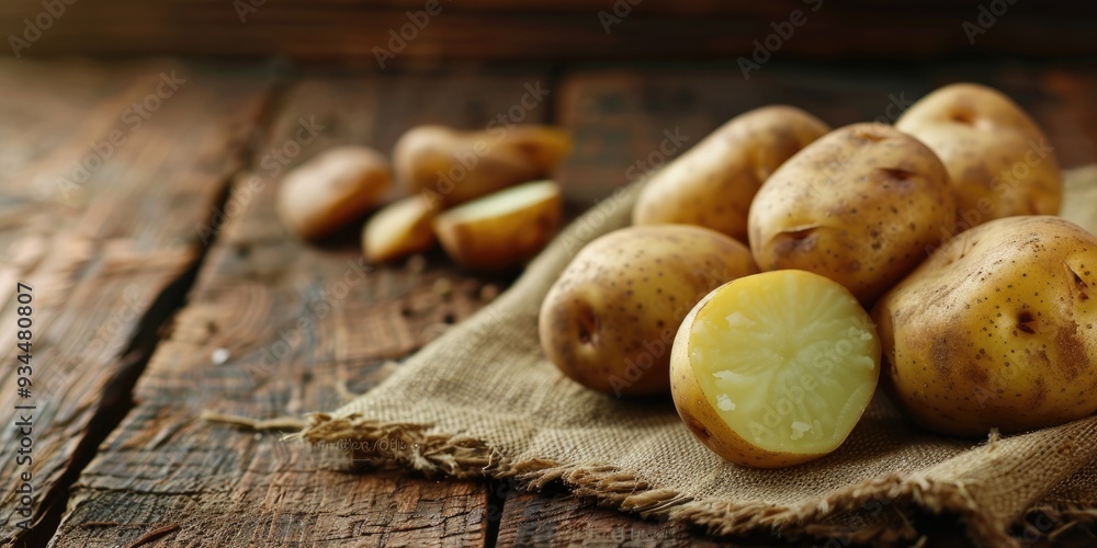 Whole and halved washed potatoes on a napkin on a wooden table Fresh root vegetables harvest concept Whole and halved washed potatoes on a napkin on a wooden table Fresh root vegetables harvest concept