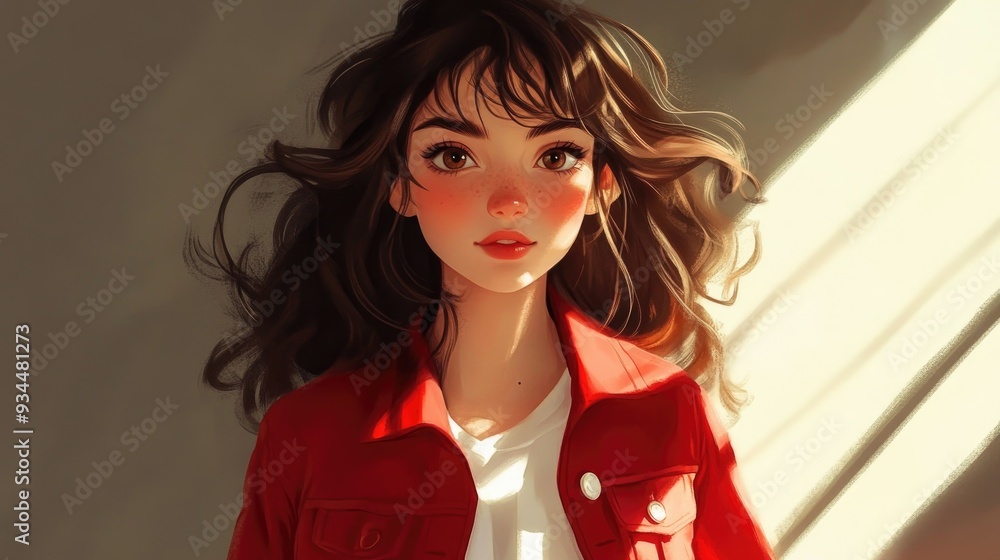 Colorful cartoon character with wavy hair in a red jacket and white dress against a shadowy backdrop Colorful cartoon character with wavy hair in a red jacket and white dress against a shadowy backdrop
