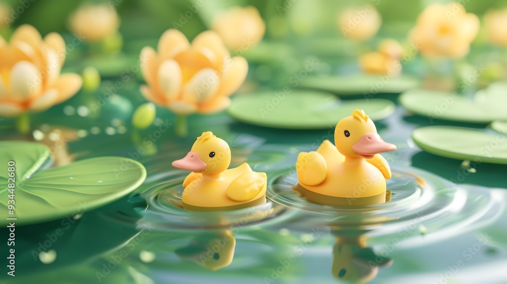 Abstract background of floating 3D ducklings and lily pads AI generated illustration Abstract background of floating 3D ducklings and lily pads AI generated illustration