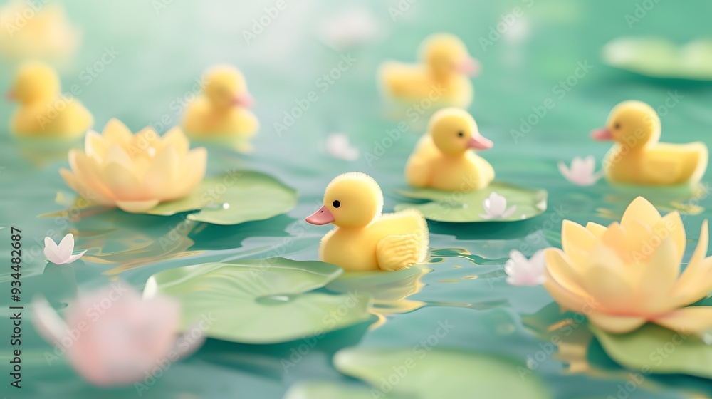 Abstract background of floating 3D ducklings and lily pads AI generated illustration Abstract background of floating 3D ducklings and lily pads AI generated illustration