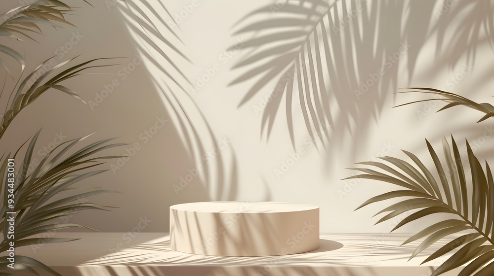 Abstract background with an empty podium under a delicate shadow of tropical palm leaves intended for a cosmetics display AI generated illustration Abstract background with an empty podium under a delicate shadow of tropical palm leaves intended for a cosmetics display AI generated illustration