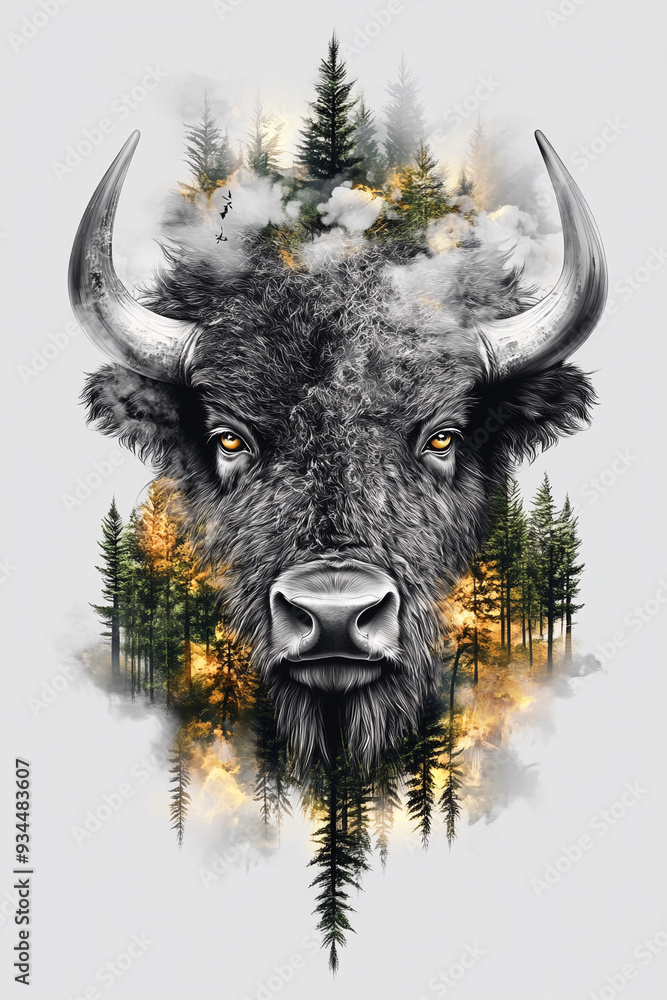 Double exposure Realistic Bison with jungle foliage Double exposure Realistic Bison with jungle foliage
