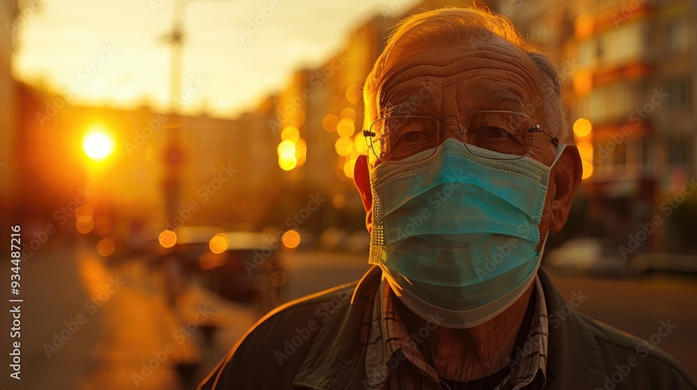 Obraz premium Senior man in a medical mask during summer.