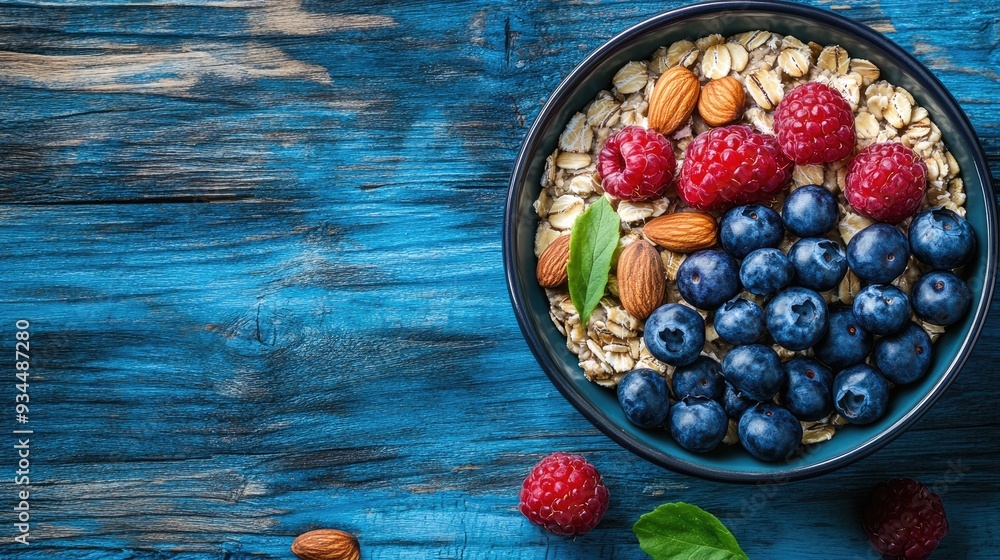 A bowl of oatmeal with blueberries, raspberries, and almonds. This image shows a healthy and delicious breakfast option. A bowl of oatmeal with blueberries, raspberries, and almonds. This image shows a healthy and delicious breakfast option.