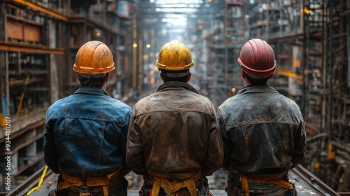 Rear view of three men wearing safety helmets.