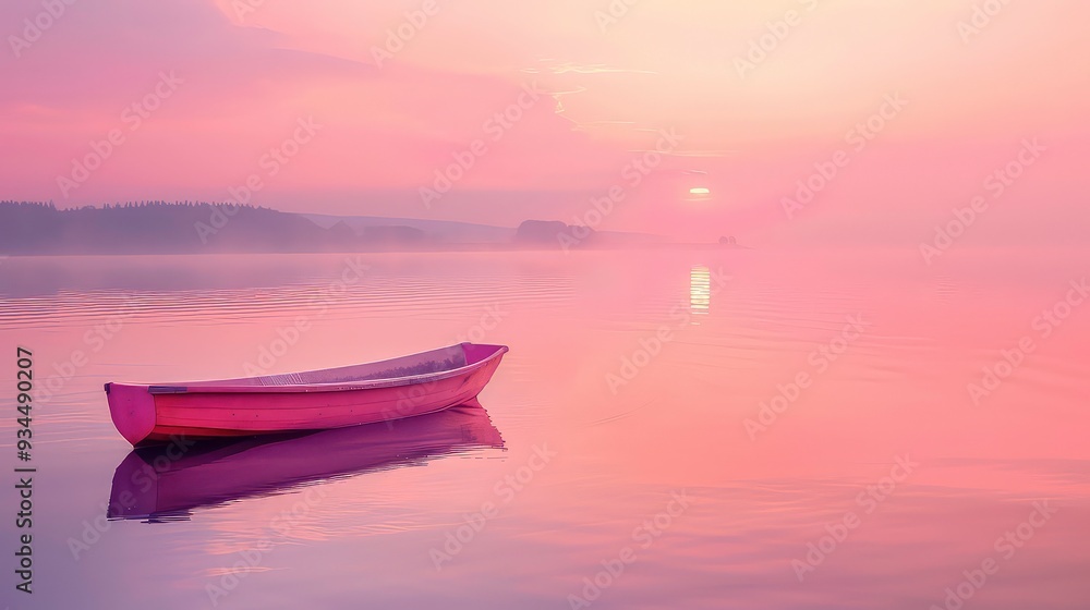 Naklejka premium A lone wooden boat sits on a still lake at sunrise, surrounded by fog and a pink sky. The reflection of the boat and the sun create a tranquil and serene scene.