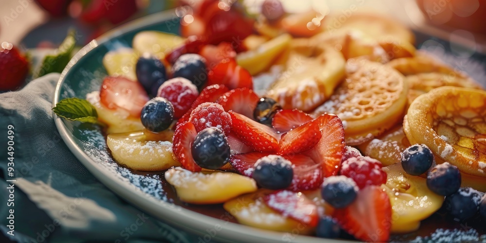 Sweet mini Dutch pancakes with a side of fresh fruits Poffertjes served with a sweet fruity breakfast twist Sweet mini Dutch pancakes with a side of fresh fruits Poffertjes served with a sweet fruity breakfast twist