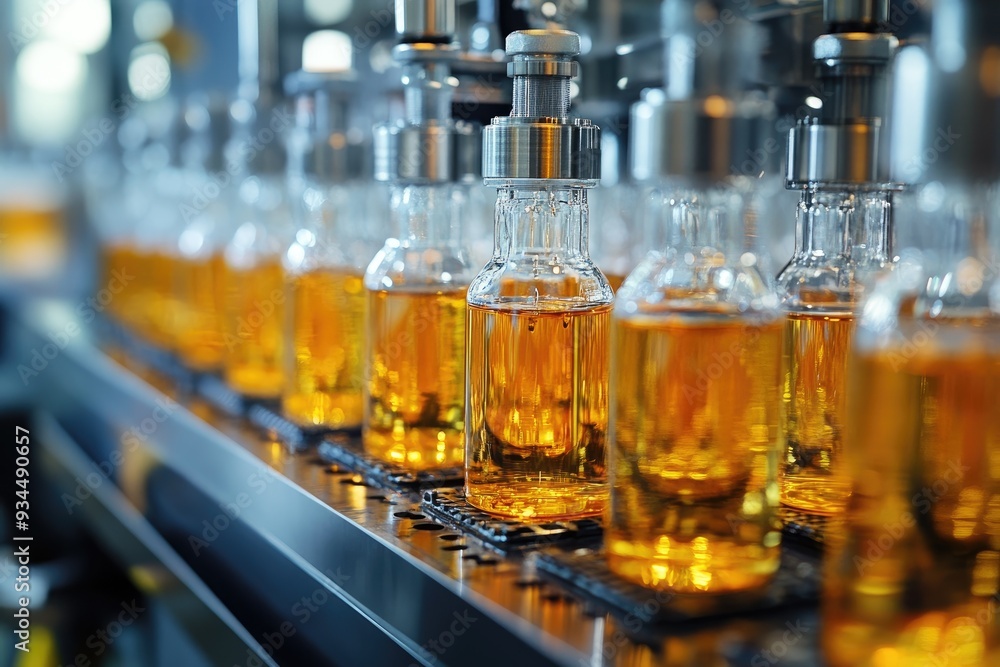 Bottles of amber liquid on conveyor belt. Perfect for showing manufacturing, production, or factory processes. Bottles of amber liquid on conveyor belt. Perfect for showing manufacturing, production, or factory processes.