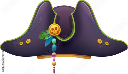 Cartoon pirate hat, corsair captain tricorn adorned with golden Jolly Roger skull emblem and colorful beads. Isolated vector buccaneer cocked cap with curved brim, rover swashbuckling party costume