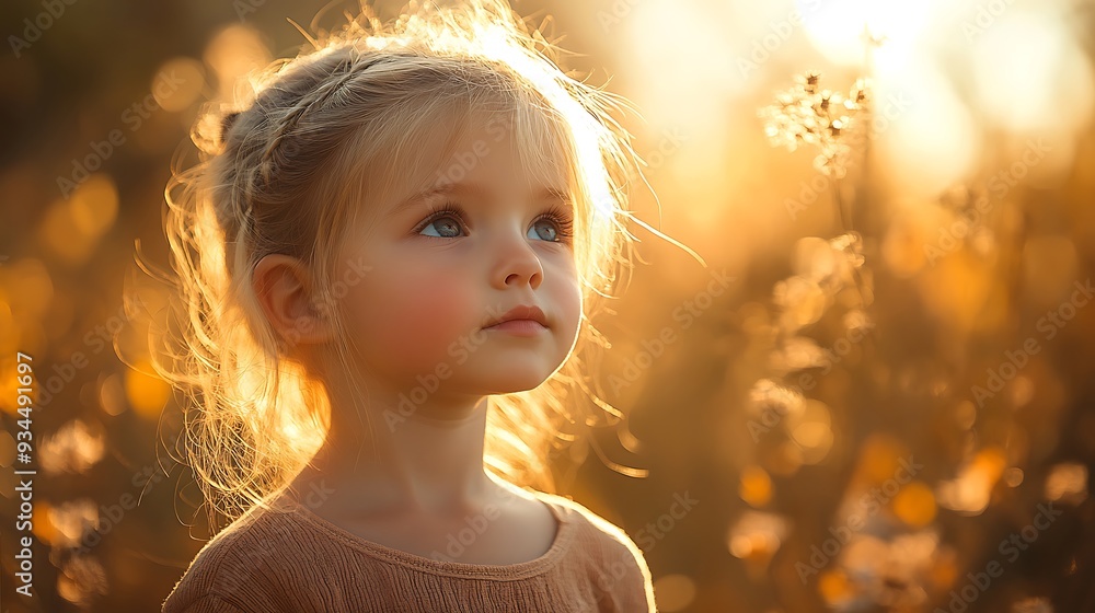 Fototapeta premium Little girl looking up at sunset in field.