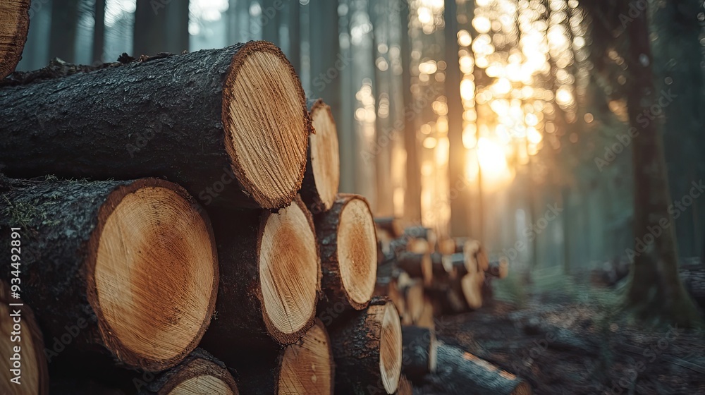 Stacked logs in a forest with a blurred background. This photo illustrates the importance of sustainable forestry practices. Stacked logs in a forest with a blurred background. This photo illustrates the importance of sustainable forestry practices.