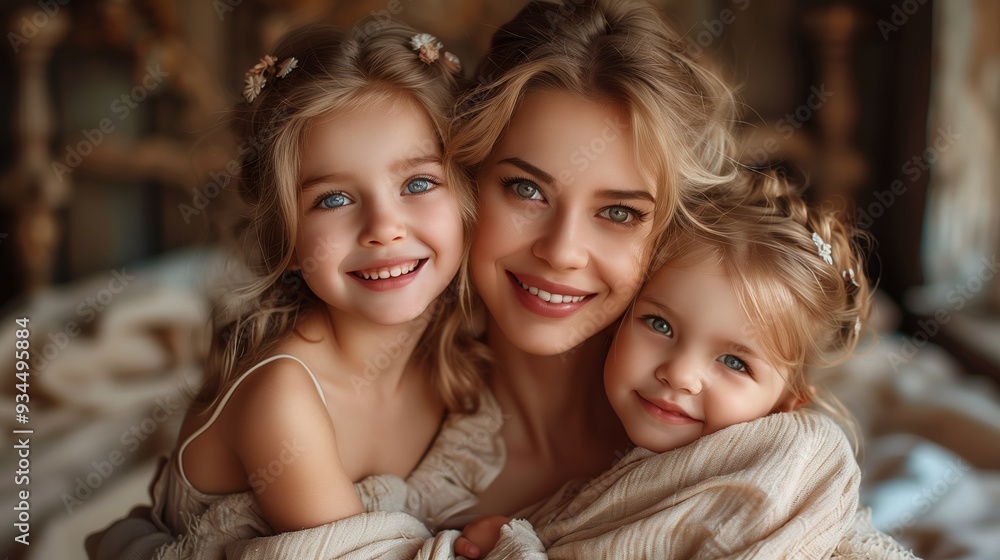 Warm Family Embrace Between Mother and Two Daughters During Cozy Indoor Afternoon Warm Family Embrace Between Mother and Two Daughters During Cozy Indoor Afternoon
