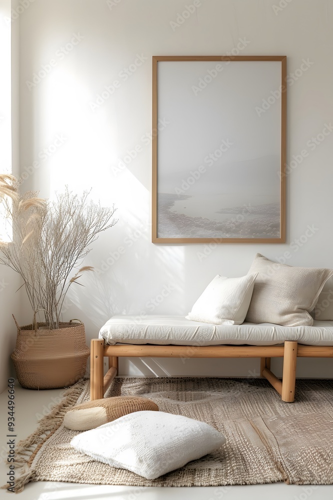 Aesthetically pleasing room space with a wooden frame showcasing a minimalistic cinematic poster AI generated illustration Aesthetically pleasing room space with a wooden frame showcasing a minimalistic cinematic poster AI generated illustration