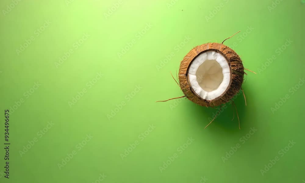 A halved coconut with white flesh exposed, set against a vivid green background, evokes tropical freshness A halved coconut with white flesh exposed, set against a vivid green background, evokes tropical freshness